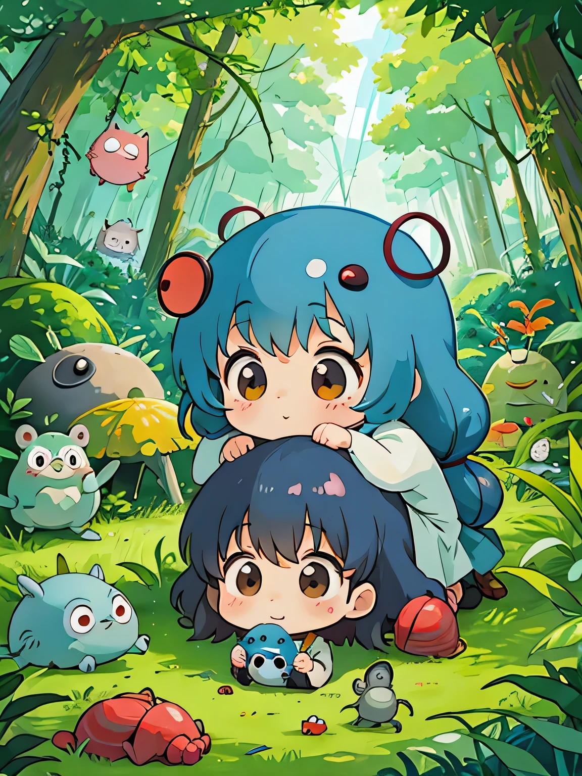 hayao miyazaki style, Kawaii Design, The most beautiful girl of all time、Chibi, Cute and colorful pillbugs、play together、Lots of pillbugs、Totoro Forest