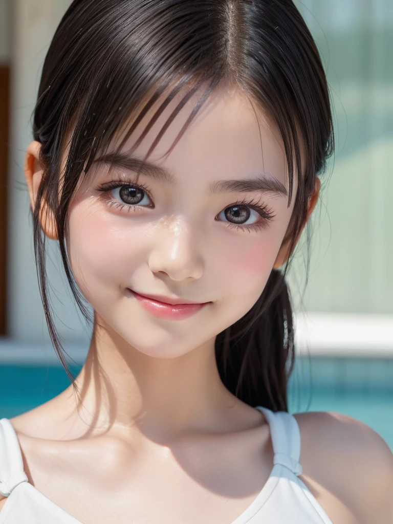 One Girl,Very cute girl at 16 years old,Big eyes:0.5,The face is facing straight ahead,Body facing forward,Beautiful nose,Fuller lips,Short black hair,ponytail,Detailed eyelashes,Thin eyebrows,Symmetrical eyes,Face close-up,White swimsuit,Portrait,View Viewer, half smile:0.5,