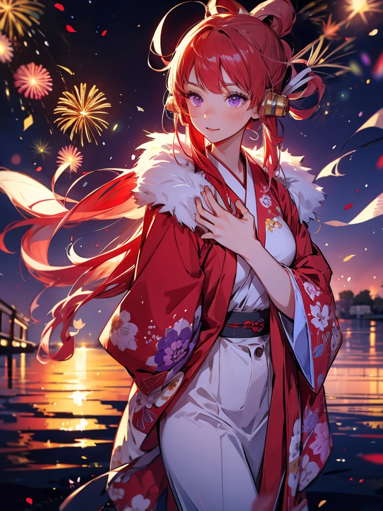 Uta, kimono night in  firework , red white haired, purple eyes