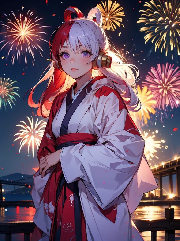 Uta, kimono night in  firework , red white haired, purple eyes