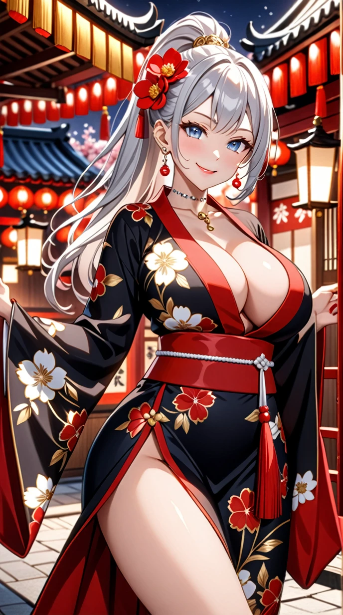((one girl)), hyper detailed, absurdres, 8K,Cute face, (Laugh shyly), ((teasing smile:1.8)), ((Wink:1.8)), (Laugh with your mouth wide open:1.3),(Tilt your head:1.3),  View your viewers, ((Bright red cheeks:1.6)),Glossy Red Lips, ((Big Breasts:1.5)) night, Shrine festival stalls, (Brighten your face), ((Anime style background)),masterpiece, Highest quality, so beautiful,Latest, Complex details, (Pink long nails), (nail art), (ring),(bracelet), (helix piercing:1.7), (Floral Choker),AI-generated, Complex,High resolution, Highest quality, super high quality,3D Images、3D Images,One person,Long white hair,(High Ponytail), Anime woman posing for a photo,((silver eyes:1.6)), ((Fine grain、blue eyes、Shining Eyes:1.4)), (Squint your eyes:1.1),a hyperRealistic , hyperRealistic , Realistic,Anime woman with long white hair, Smooth anime CG art, With gold embroidery、A girl in a gorgeous kimono, ((Black long sleeve kimono:1.3)),(Red large floral pattern) ,Long flower hair ornament,Floral Earrings,Mature Body, expensive,Abdominal muscles,Tight waist,((Zoom in on face:2.0)), (front view),