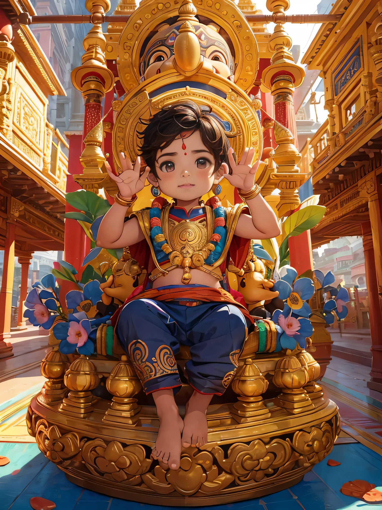 Cute ganesha elephant little boy, pop mart, golden armor, big eyes, character front view, waving moves, brown color palette, temple, india, chennai, surrounded by colorful flowers, on warm old temple background, sun, rich details, pixar, 3d,  