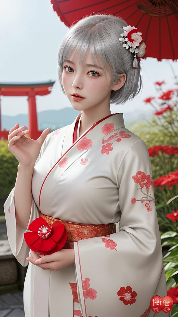 style: Anime-style art, high detail, Shiny texture, Vibrant colors, Soft light effect character: Silver short hair girl, Big Red Eyes, The expression is calm and the costume is gentle: Traditional kimono, White and red design, Floral embroidered accessories: Red flower accessory in hair, Tassel background: A garden enveloped in soft light, Red and white flower items: A girl holds a big red heart-shaped jewel in her hand, Others that reflect light and shine: Japanese atmosphere, Serene landscape, A little bit of fantasy with this prompt、By inputting into the art generator、You can generate illustrations with the atmosphere and characteristics you specify.。