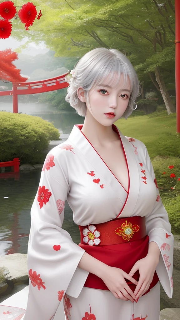 style: Anime-style art, high detail, Shiny texture, Vibrant colors, Soft light effect character: Silver short hair girl, Big Red Eyes, The expression is calm and the costume is gentle: Traditional kimono, White and red design, Floral embroidered accessories: Red flower accessory in hair, Tassel background: A garden enveloped in soft light, Red and white flower items: A girl holds a big red heart-shaped jewel in her hand, Others that reflect light and shine: Japanese atmosphere, Serene landscape, A little bit of fantasy with this prompt、By inputting into the art generator、You can generate illustrations with the atmosphere and characteristics you specify.。