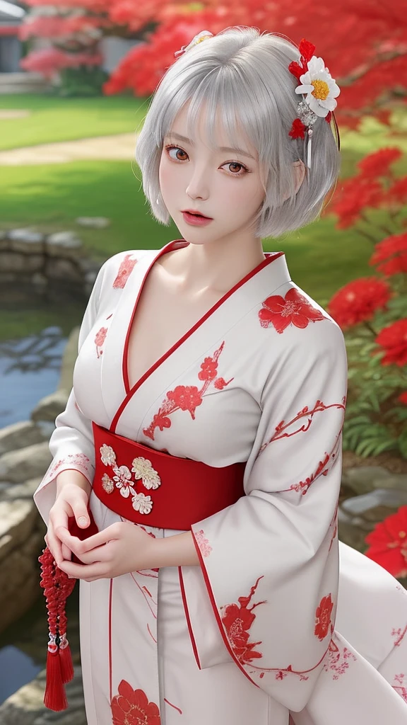 style: Anime-style art, high detail, Shiny texture, Vibrant colors, Soft light effect character: Silver short hair girl, Big Red Eyes, The expression is calm and the costume is gentle: Traditional kimono, White and red design, Floral embroidered accessories: Red flower accessory in hair, Tassel background: A garden enveloped in soft light, Red and white flower items: A girl holds a big red heart-shaped jewel in her hand, Others that reflect light and shine: Japanese atmosphere, Serene landscape, A little bit of fantasy with this prompt、By inputting into the art generator、You can generate illustrations with the atmosphere and characteristics you specify.。