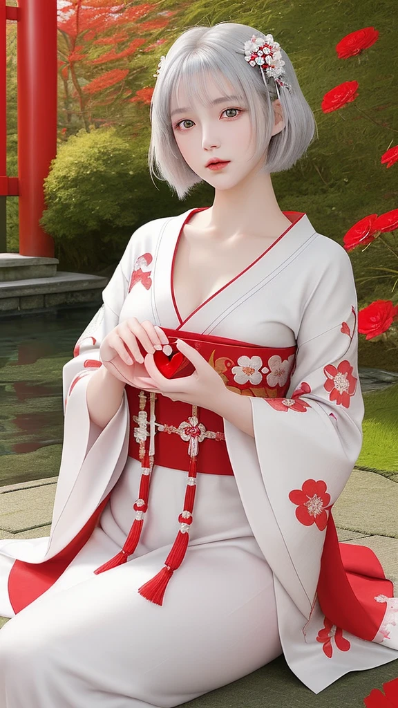 style: Anime-style art, high detail, Shiny texture, Vibrant colors, Soft light effect character: Silver short hair girl, Big Red Eyes, The expression is calm and the costume is gentle: Traditional kimono, White and red design, Floral embroidered accessories: Red flower accessory in hair, Tassel background: A garden enveloped in soft light, Red and white flower items: A girl holds a big red heart-shaped jewel in her hand, Others that reflect light and shine: Japanese atmosphere, Serene landscape, A little bit of fantasy with this prompt、By inputting into the art generator、You can generate illustrations with the atmosphere and characteristics you specify.。