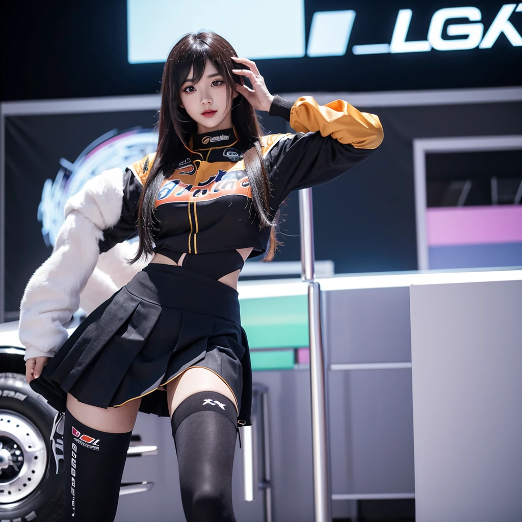 Cool woman、Colorful costumes、F1 Driver Cosplay、Colorful costumes、Clothing with company logo、Grid Girlsのカラフルで派手な衣装、Grid Girls、Perfect Face、Paddock Girls、Harem、motor Show、tights、Bodycon Costumes、Grid Girls、Russia、Grid Girlsのコスプレ、belly button、Pleated skirt、Bodycon Costumes、Photographed in a sexy pose