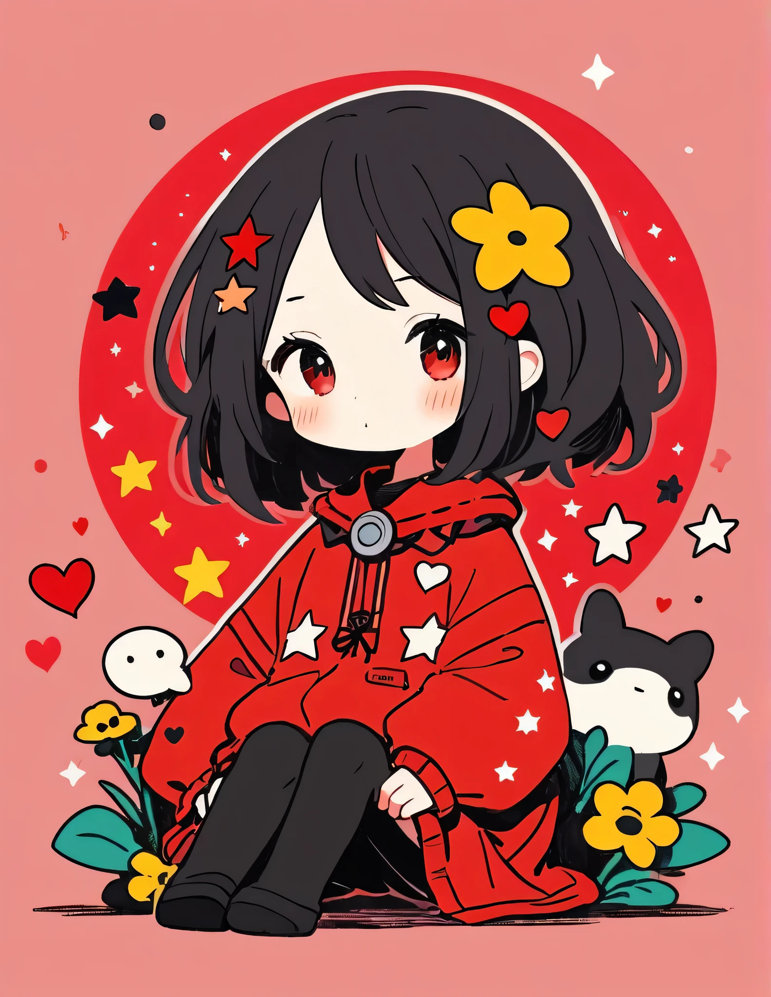 Black Star Red and White style, Simple Line Initialism,Abstract art,Kawaii Design, The most beautiful girl of all time、chibi, The background is star dust, colorful hearts, colorful flowers, nap