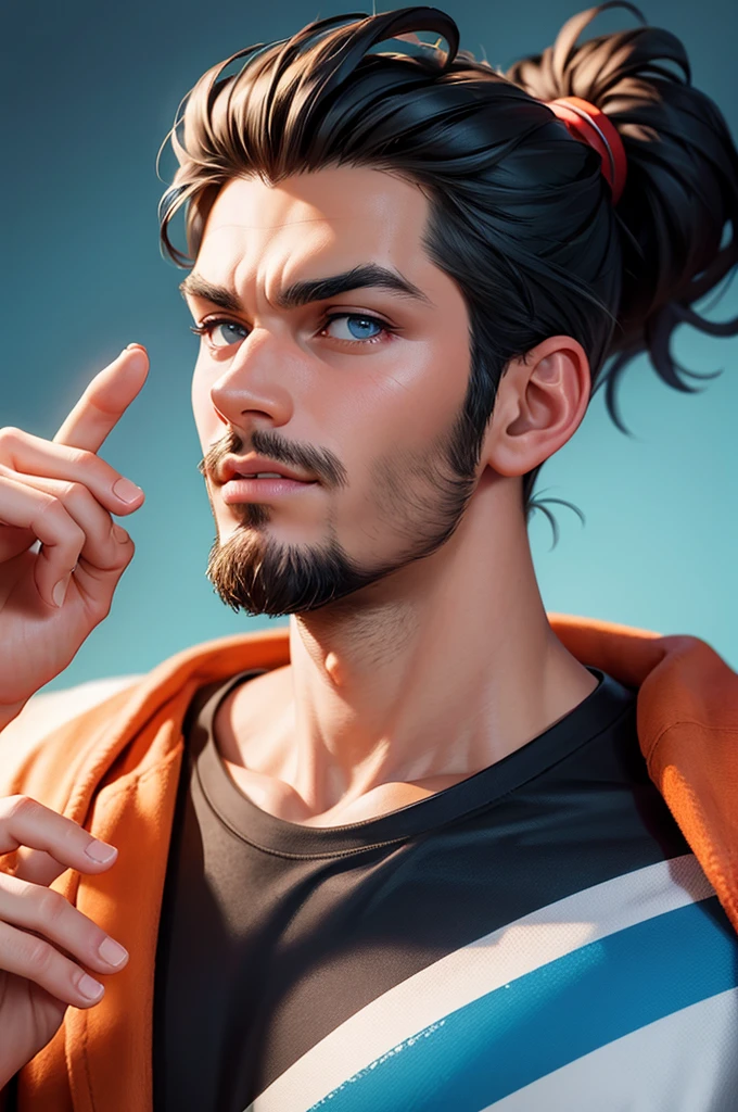A man, large view, looking at the camera, thumb raised in an OK sign, Pixar and manga art style, highly detailed, 8K, photorealistic, studio lighting, vivid colors, cinematic, sharp focus, physically-based rendering, professional quality, masterpiece, 30years old, digitale style