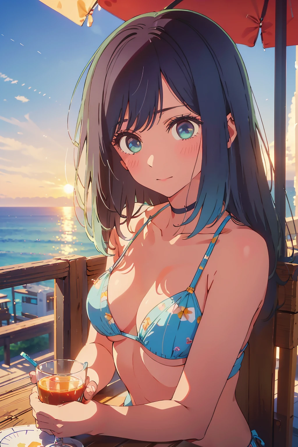 (Highest quality:1.4、masterpiece:1.4、Super detailed:1.4、8K:1.4)、Slim body、((((1 person、Surprised expression、sit、Outdoor café terrace、coastal、juice、table、Sandy Beach、bikini、juiceのグラスを持つ、Big eyes、Shallow depth of field、Very cute face))))、((sunset、Sunset))、(bikiniサイズは小さい)、F cup bust、Big Breasts、Get up close and take a photo