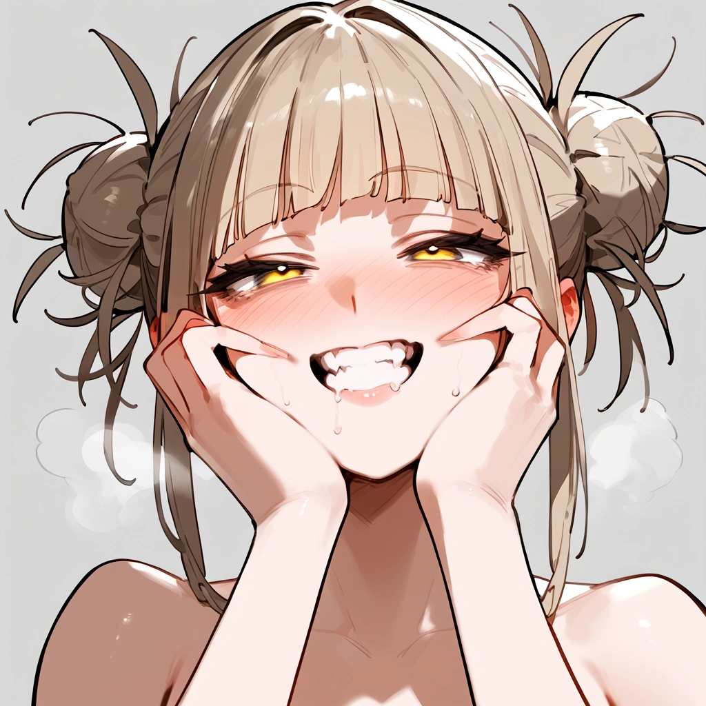 anime artwork, score_9, score_8_up, score_7_up, score_6_up, score_5_up, score_4_up, floox style    //////Himiko toga, big breasts, she is 24 years old, style_3, , , , naked,, yellow eyes, solo, nude,, smile, ,   grey background, simple background , , ,hands on face, AMAZING!, ahegao, , , full-face blush,,  , steam, deep breath, , , steaming body,  face close-up, she get creampied, a little bit below view, rolling eyes, big tits, detailed face,  head up, clenched teeth 