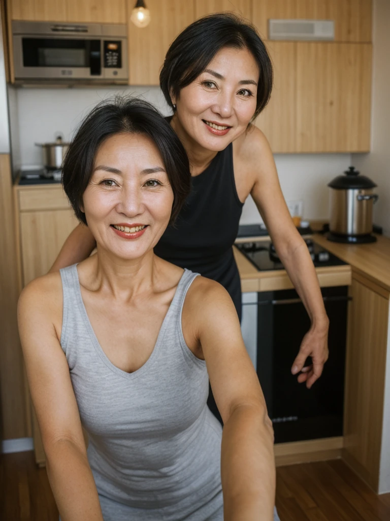 Bolormaa, black short hair, Mongolian woman, ((50-year-old)), (Mongolian skin), (Mongolian eyes), (Mongolian nose), (Mongolian lips), (Mongolian standard face), ordinary Mongolian woman, smiling, hair bobbles, deep eyes, consistent image, ((upper body and upper legs)), full nudity, (((selfie))), (((inside kitchen indoor)))