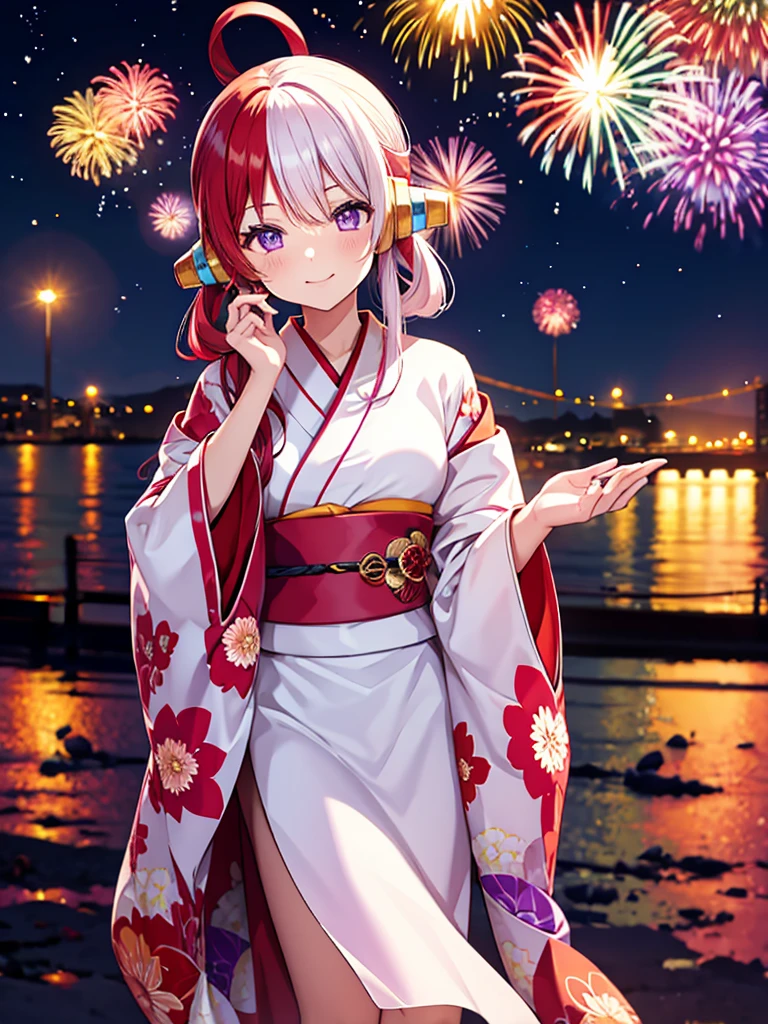 Uta, kimono night in firework , red white haired, purple eyes