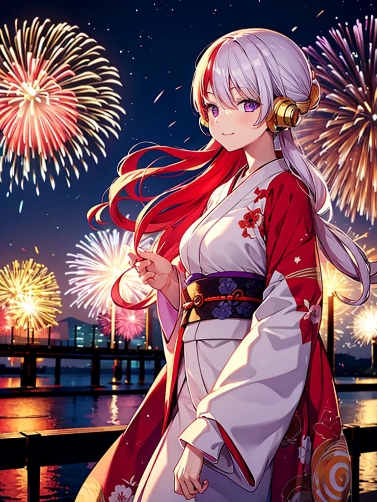 Uta, kimono night in firework , red white haired, purple eyes