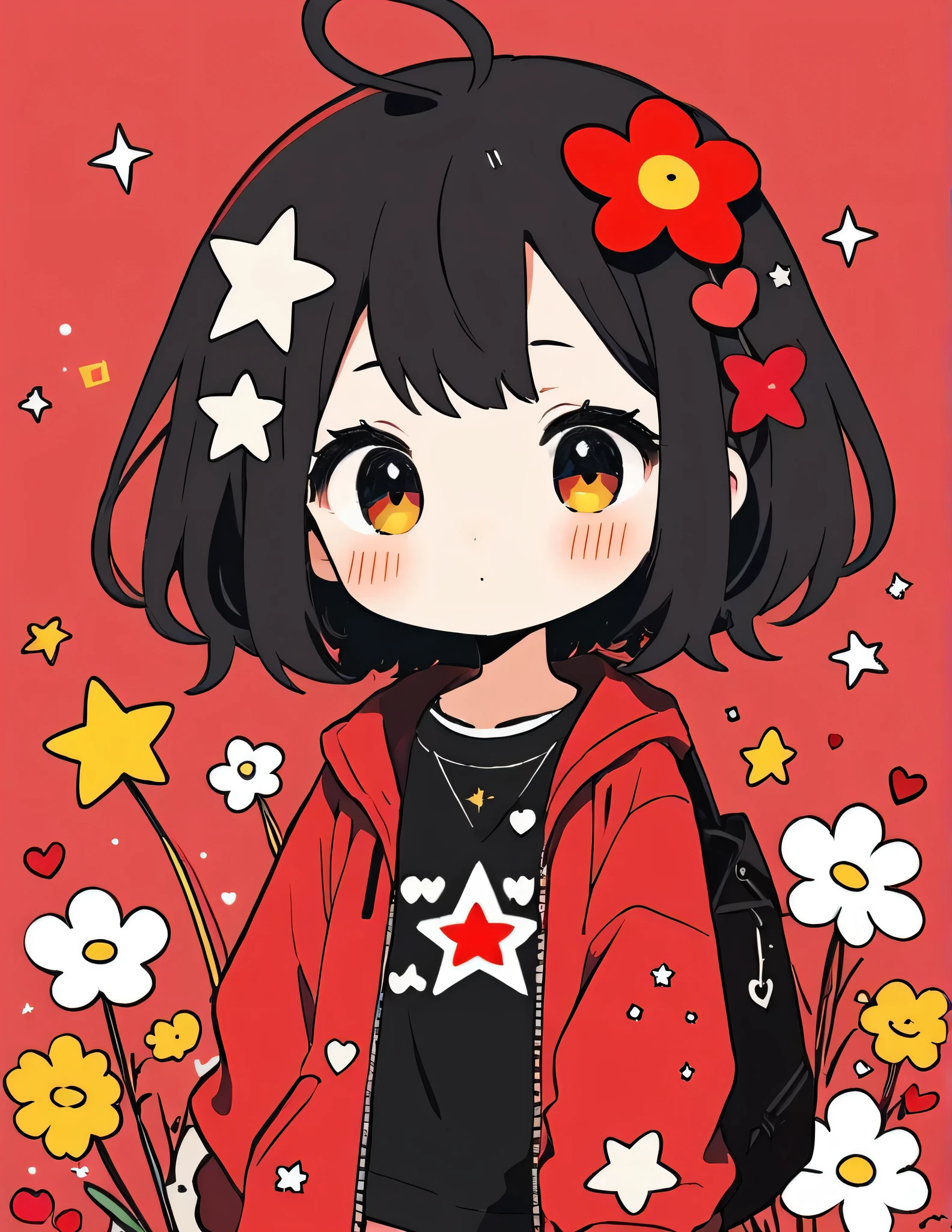 Black Star Red and White style, Simple Line Initialism,Abstract art,Kawaii Design, The most beautiful girl of all time、chibi, The background is star dust, colorful hearts, colorful flowers, nap