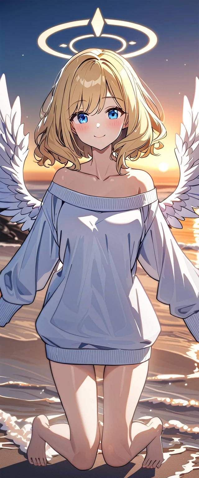 ((angel, big big white wings:1.3, halo:1.3)), sea, beach, (((spread arms))), (((full body))), ((flying)), archangel Uriel, ((wavy hair, outward curled hair)), evening, Sunset, ((blond hair, bob cut:1.3)), breasts, ager, (looking at viewer), oversized clothes, puffy long sleeves, collarbone, ((off-shoulder sweater dress:1.3, Quite thick shoulder straps)), (((sleeves past wrists:1.3))), ((white sweater)), collarbone, head tilt:1.3, (((blue eyes))), ((happy smile)), (((anime style))), (best quality, 4K, 8K, highres, masterpiece:1.2, ultra-detailed, ultra-detailed eyes, HDR, uhd, studio lighting, ultra-fine painting, sharp focus, physically-based rendering, extreme detail description, professional, vivid colors, bokeh)