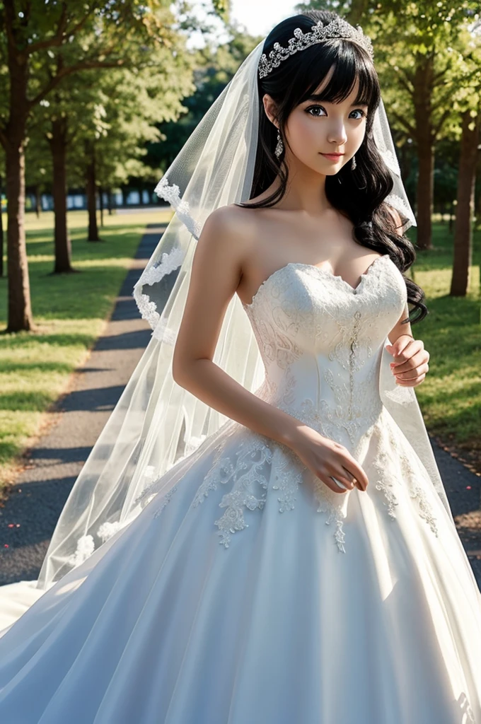 Beautiful anime girl, black hair, blue eyes, wedding dress
