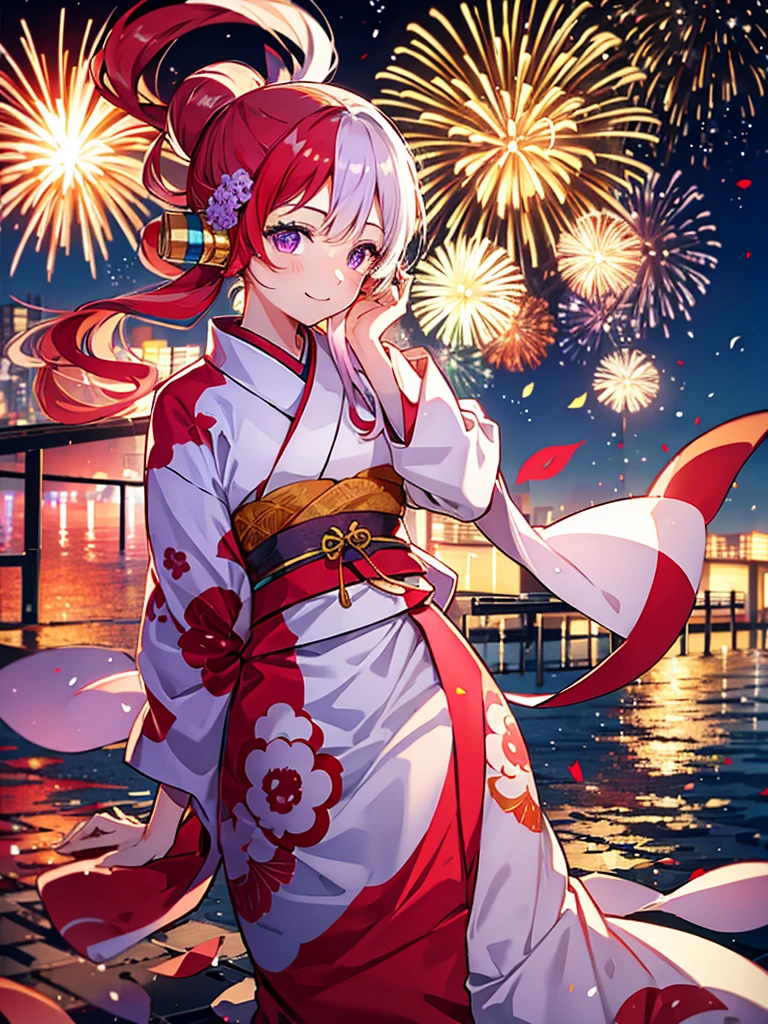 Uta, kimono night in firework , red white haired, purple eyes