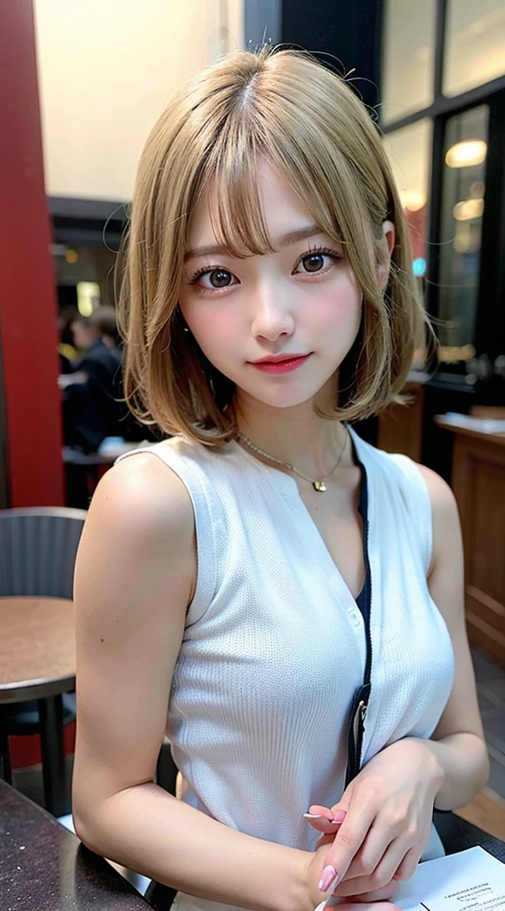 (8K, RAW Photos:1.2), Detailed face and eyes,最high quality, Ultra-high resolution, Very detailed ,Intricate details ,Tabletop ,pretty girl , Soft cinematic light, Hyper Detail,Sharp focus, high quality, Blonde, Bobcut,  outside, Browsing Caution, Tie your hair back,Beautiful valley