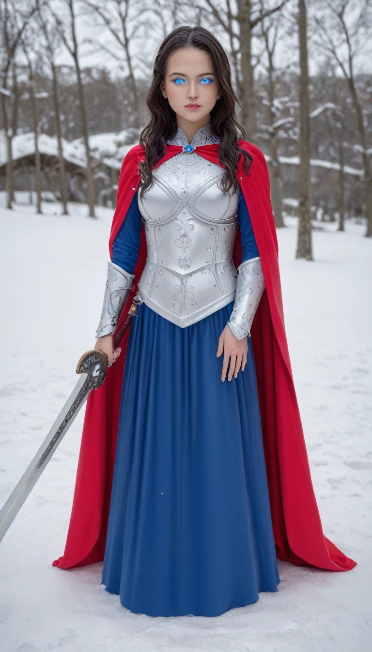 excellent quality, masterpiece, best quality, Ultra Detailed, Extremely detailed, Ultra HD, beautiful girl, Perfect anatomical structure, Perfect body, Model, Fashion pose, Wearing full magical red armor and red cape, Holding a crystal sword, Snowy medieval road, (random color:1.4),
Long hair, Various hairstyles, black hair, blue eyes, Glowing eyes,
Extremely detailed, hkstyle