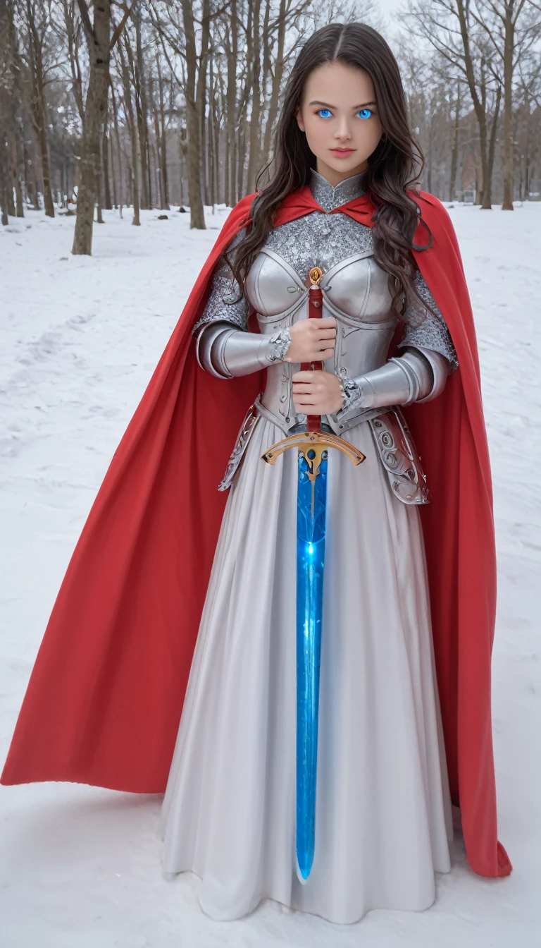 excellent quality, masterpiece, best quality, Ultra Detailed, Extremely detailed, Ultra HD, beautiful girl, Perfect anatomical structure, Perfect body, Model, Fashion pose, Wearing full magical red armor and red cape, Holding a crystal sword, Snowy medieval road, (random color:1.4),
Long hair, Various hairstyles, black hair, blue eyes, Glowing eyes,
Extremely detailed, hkstyle