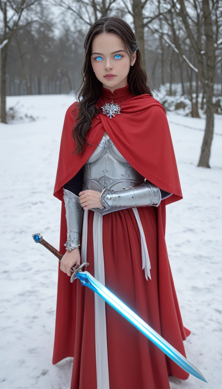 excellent quality, masterpiece, best quality, Ultra Detailed, Extremely detailed, Ultra HD, beautiful girl, Perfect anatomical structure, Perfect body, Model, Fashion pose, Wearing full magical red armor and red cape, Holding a crystal sword, Snowy medieval road, (random color:1.4),
Long hair, Various hairstyles, black hair, blue eyes, Glowing eyes,
Extremely detailed, hkstyle