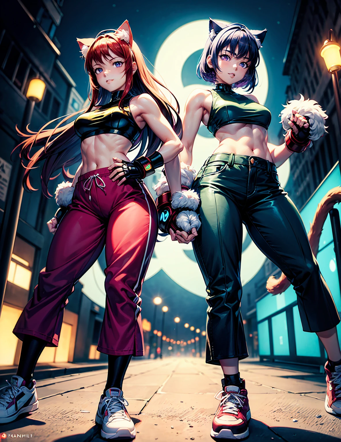 (best quality, ultra-high resolution, depth of field:1.2), (full body shot:1.2), (perfect body:1.2), (medium breasts:1.2), beautiful face, (18 years old), (cat woman), radiant eyes, (purple eyes:1.2), (beautiful smile), (red hair), animal ears, (fluffy cat ears), (fluffy cat tail), (stylish pants:1.2), (fingerless gloves:1.2), (split-sole sneakers:1.2), (street fighter:1.2), night time, (multiple points of views), standing, simple pose, (bioluminescence:1.2),masterpiece,score_9,score_8_up,best quality,incredibly absurdres,anime