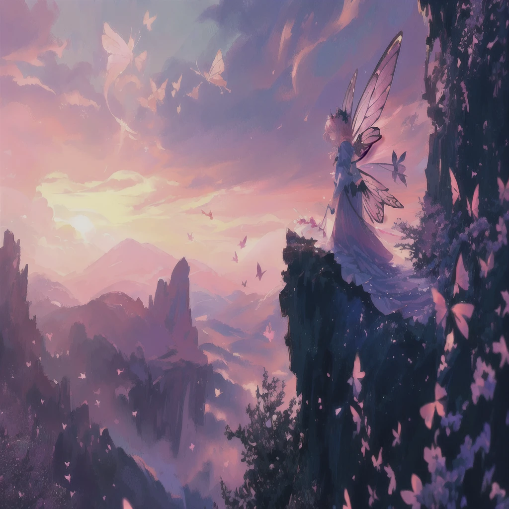 anime, fairy, girl, butterfly, sunset, pink, sky, clouds, lost in a dreamy fairy landscape, fairy aesthetics, fairy atmosphere, beautiful fantasy art, magical fairy background, very magical and dreamy, very beautiful fantasy art, beautiful digital artwork, with beautiful wings, fantasy beautiful, fantasy art style, beautiful fairy, ethereal fantasy, magnificent background, beautiful fantasy anime