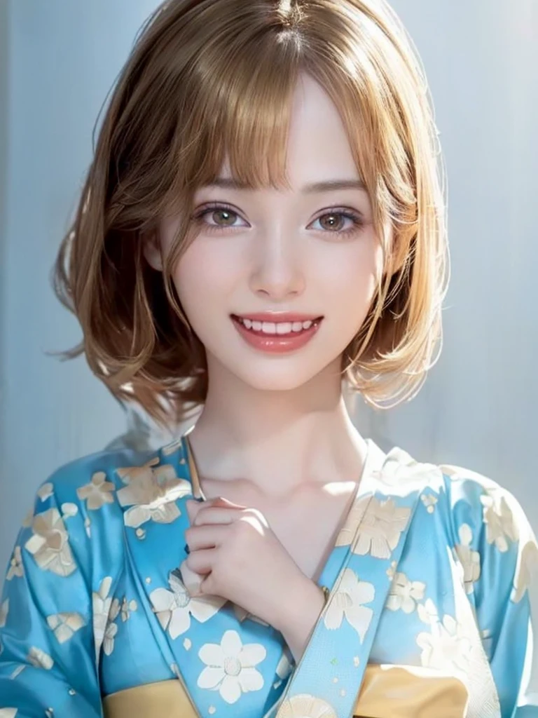 Holding PlayStation controller,wearing red pajama,(highest quality、8k、32k、masterpiece)、(RAW Photos)、(Realisticな)、(High resolution)、Very detailedな、Very beautiful face and eyes、One Girl、Round and small face、Delicate body、(close、highest quality、Rich skin detail、highest quality、8k)、Very detailed、(Realistic、Realistic:1.37)、Vibrant colors、(((Laughter)))、(((Golden Hair)))、(((I touch my chest with my right hand)))、(((Smiling)))、(((Bust Shot)))、(((White Background)))、((Medium Hair))、(((Pure white wall background)))、(((Blonde)))、(((She is wearing a yukata with a pop design.)))、(((Brown and light blue yukata)))、(((Pure white wall background)))、