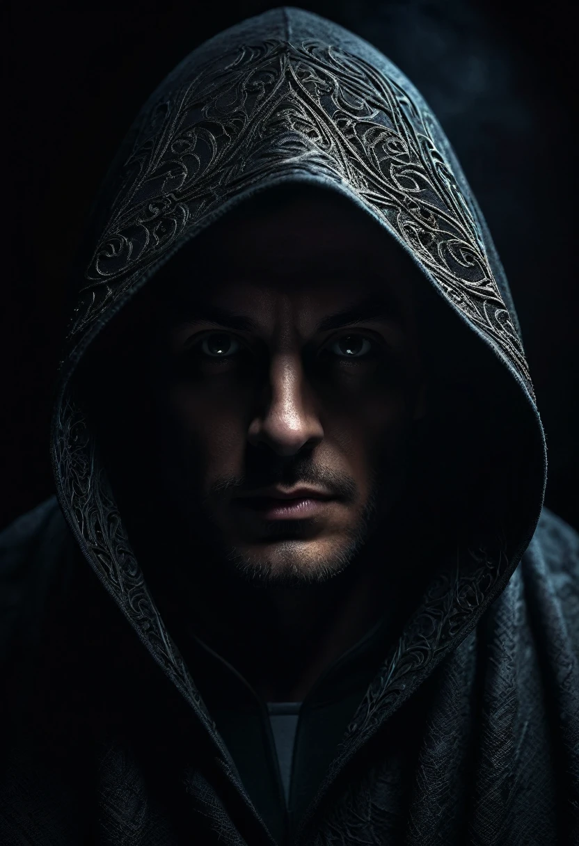 a mysterious hooded man, mysterious hooded figure, dark cloak, dramatic lighting, cinematic lighting, moody atmosphere, dramatic shadows, dark fantasy, intricate details, realistic, photorealistic, 8k, high quality, masterpiece, cinematic, chiaroscuro, dramatic pose, mysterious glowing eyes, intricate folds in cloak, realistic fabric textures, detailed facial features, strong contrast, dramatic color palette, muted tones, moody lighting