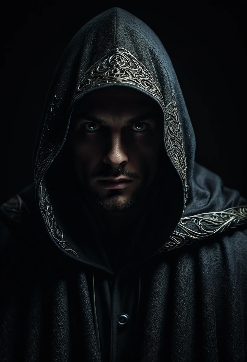 a mysterious hooded man, mysterious hooded figure, dark cloak, dramatic lighting, cinematic lighting, moody atmosphere, dramatic shadows, dark fantasy, intricate details, realistic, photorealistic, 8k, high quality, masterpiece, cinematic, chiaroscuro, dramatic pose, mysterious glowing eyes, intricate folds in cloak, realistic fabric textures, detailed facial features, strong contrast, dramatic color palette, muted tones, moody lighting