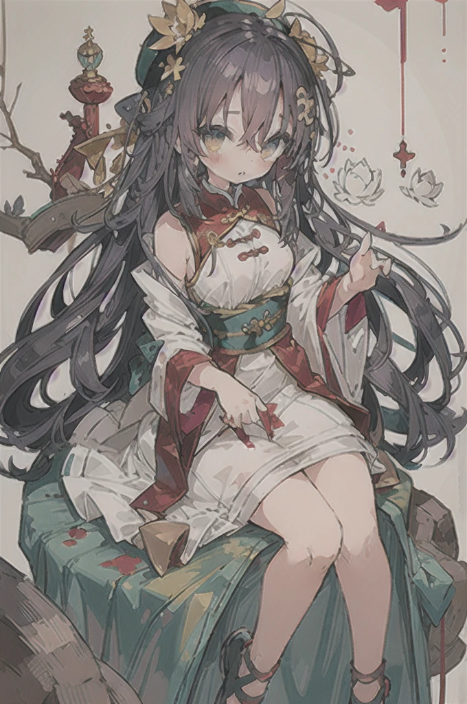 1girl,An ancient Chinese beauty sitting on a stone, wearing ancient Chinese clothing, flowing tulle, light silk, lazy posture, large lotus leaf, lotus, ink painting style, clean color, decisive cutting, blank, freehand, masterpiece, super detailed, epic composition, high quality, the highest quality