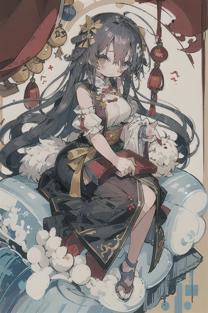 1girl,An ancient Chinese beauty sitting on a stone, wearing ancient Chinese clothing, flowing tulle, light silk, lazy posture, large lotus leaf, lotus, ink painting style, clean color, decisive cutting, blank, freehand, masterpiece, super detailed, epic composition, high quality, the highest quality