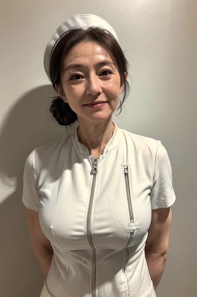 (masterpiece:1.4),(60-year-old woman:1.5),(facial wrinkles 1.2), (hair tied up : 1), A kind smile,maternal, Mature Woman, (dressed as a nurse : 1.2), (white Short sleeve uniform of nurse with single front zipper : 1.3), acnes, skin blemishes, fleckles, hospital, (muscular arms : 1.3), (thick arms : 1.3)