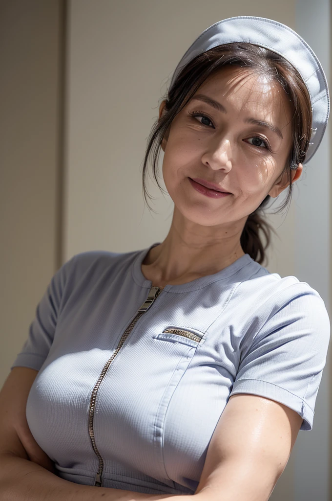 (masterpiece:1.4),(60-year-old woman:1.5),(facial wrinkles 1.2), (hair tied up : 1), A kind smile,maternal, Mature Woman, (dressed as a nurse : 1.2), (white Short sleeve uniform of nurse with single front zipper : 1.3), acnes, skin blemishes, fleckles, hospital, (muscular arms : 1.3), (thick arms : 1.3)