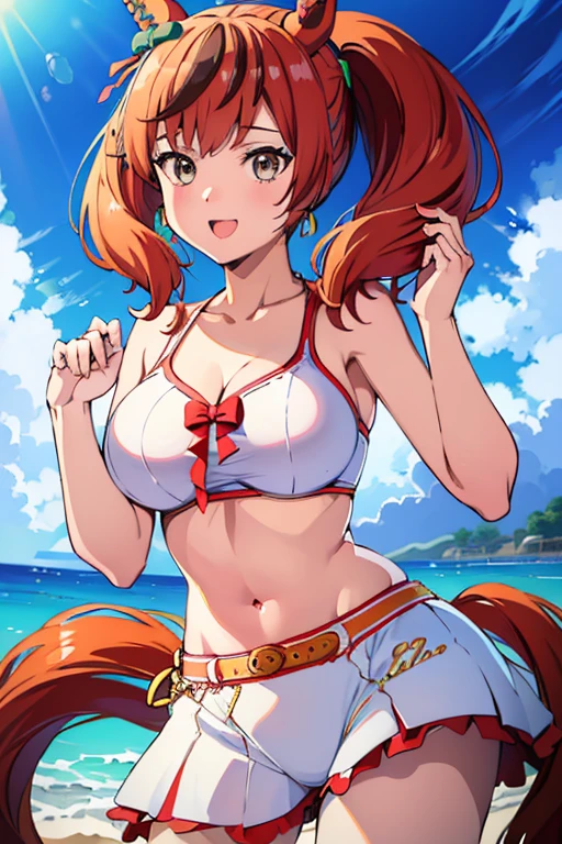 (masterpiece),(Highest quality:1.0), (Ultra-high resolution:1.0), Detailed illustrations, 8K, Pretty face, White Background、、Swimwear, Swimwear姿、赤色のSwimwear、bikini、whole body、Animal ears, earrings, Horse tail、Are standing, smile, Open your mouth