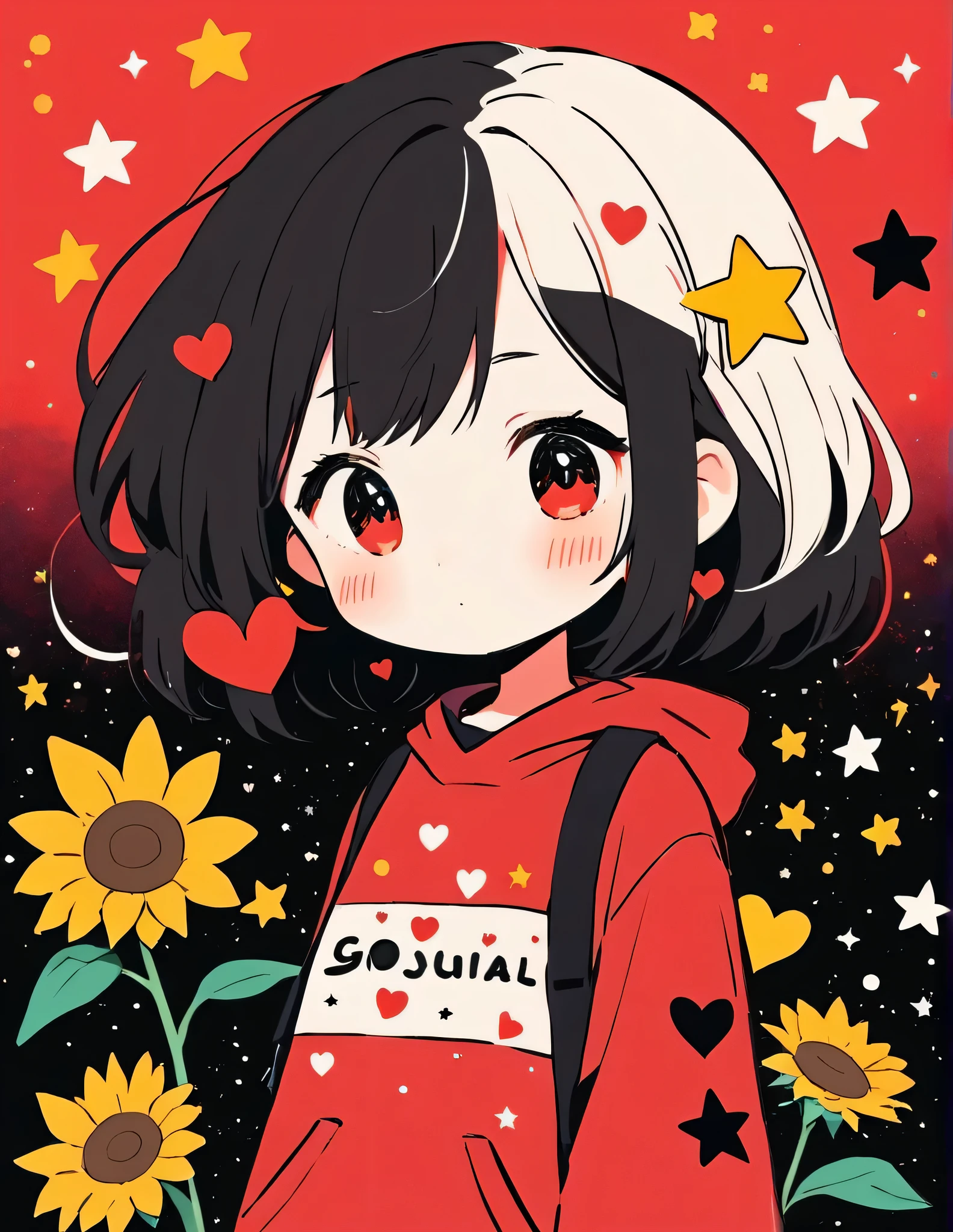 Black Star Red and White style, Simple Line Initialism，Abstract art，Kawaii Design, The most beautiful girl of all time、chibi, The background is star dust, colorful hearts, sunflowers, 