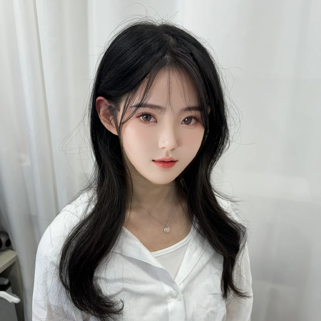 Best Quality, 8k, Masterpiece, (Portrait: 1.3), (photo realistic:1.4), (hyper realistic:1.4), Sharp Focus, looking at viewer, (smoother lighting:1.1), (increase cinematic lighting quality:0.9), realistic lighting, backlighting, light on face, ray trace, (brightening light:1.2), (Increase quality:1.4), sharp detail, (best quality real texture skin:1.4), finely detailed eyes, black_eyes, finely detailed face, 25 year old Korean woman, (white formal_shirt:1.4), (Create an image maintaining the original base model hairstyle:1.5)