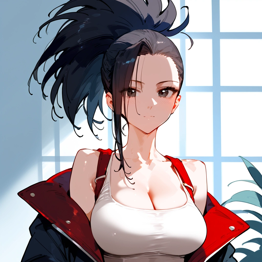 anime artwork, score_9, score_8_up, score_7_up, score_6_up, score_5_up, score_4_up, Momo Yaoyorozu, \\\\\\ big breasts, black eyes, she is 24 years old, style_3, floox style \\\\\ solo, 