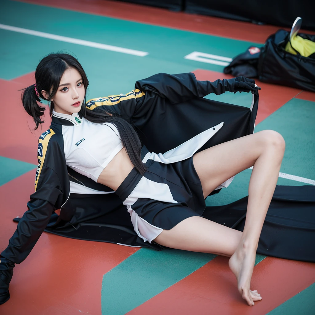 Super detailed photos、Detailed face、Lip gloss、Cool woman、Colorful costumes、F1 Driver Cosplay、Colorful costumes、Clothing with company logo、Grid Girlsのカラフルで派手な衣装、Grid Girls、Perfect Face、Paddock Girls、Harem、motor Show、tights、Bodycon Costumes、Grid Girls、Russia、Grid Girlsのコスプレ、belly button、Pleated skirt、Bodycon Costumes、Legs open pose、Spread your legs to show your crotch