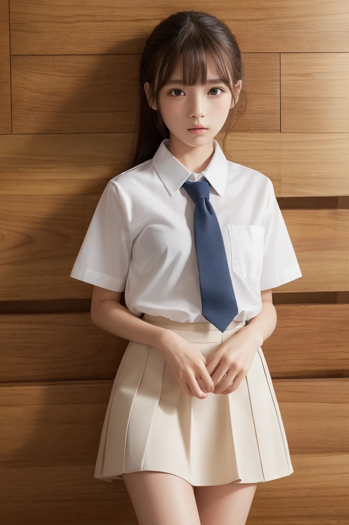 ((highest quality, 8K, masterpiece :1.3)), Photorealistic、Ultra-high resolution、Natural skin texture、Hyperrealism、Photograph from the knee up、12 year old beautiful Japanese girl、White collared shirt and tie、mini skirt、Serious expression