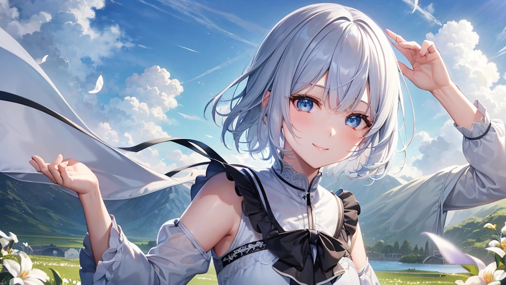 Ultra HD,Look at the viewers, Put your hands behind your back, With a girl, 20-year-old, 非常にShort Hair, Long bangs between the eyes, Pale blue eyes, Very detailed,(masterpiece、Highest quality),Gray Hair、Laughter、Fantastic, Silver Hair, Iris, Short hair、 Fluttering Hair、Small Face、明るいsmile、(Detailed face) ,Professional Lighting,Wonderful landscape,blue sky, sunlight,Looking down from above,Portraiture、Open your mouth、Flower Field、Her eyes were shining、Mysterious and enchanting atmosphere。With AI Painting、とてもShort Hair, Long bangs between the eyes, Very detailed,(masterpiece、Highest quality)、alone、Gray Hair、Fantasy, Silver Hair, Fantasyな風景、White shirt、smile、Open your mouth、short hair、Short Hair、hairpin、black eye、Grey Eyes、Beautiful Eyes、