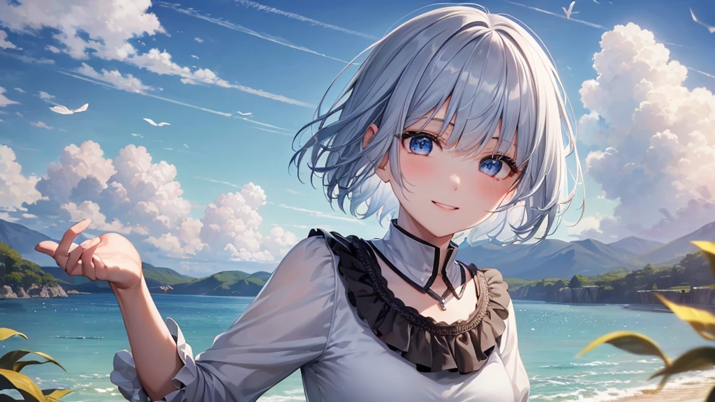 Ultra HD,Look at the viewers, Put your hands behind your back, With a girl, 20-year-old, 非常にShort Hair, Long bangs between the eyes, Pale blue eyes, Very detailed,(masterpiece、Highest quality),Gray Hair、Laughter、Fantastic, Silver Hair, Iris, Short hair、 Fluttering Hair、Small Face、明るいsmile、(Detailed face) ,Professional Lighting,Wonderful landscape,blue sky, sunlight,Looking down from above,Portraiture、Open your mouth、Flower Field、Her eyes were shining、Mysterious and enchanting atmosphere。With AI Painting、とてもShort Hair, Long bangs between the eyes, Very detailed,(masterpiece、Highest quality)、alone、Gray Hair、Fantasy, Silver Hair, Fantasyな風景、White shirt、smile、Open your mouth、short hair、Short Hair、hairpin、black eye、Grey Eyes、Beautiful Eyes、