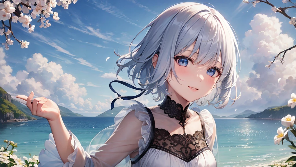 Ultra HD,Look at the viewers, Put your hands behind your back, With a girl, 20-year-old, 非常にShort Hair, Long bangs between the eyes, Pale blue eyes, Very detailed,(masterpiece、Highest quality),Gray Hair、Laughter、Fantastic, Silver Hair, Iris, Short hair、 Fluttering Hair、Small Face、明るいsmile、(Detailed face) ,Professional Lighting,Wonderful landscape,blue sky, sunlight,Looking down from above,Portraiture、Open your mouth、Flower Field、Her eyes were shining、Mysterious and enchanting atmosphere。With AI Painting、とてもShort Hair, Long bangs between the eyes, Very detailed,(masterpiece、Highest quality)、alone、Gray Hair、Fantasy, Silver Hair, Fantasyな風景、White shirt、smile、Open your mouth、short hair、Short Hair、hairpin、black eye、Grey Eyes、Beautiful Eyes、