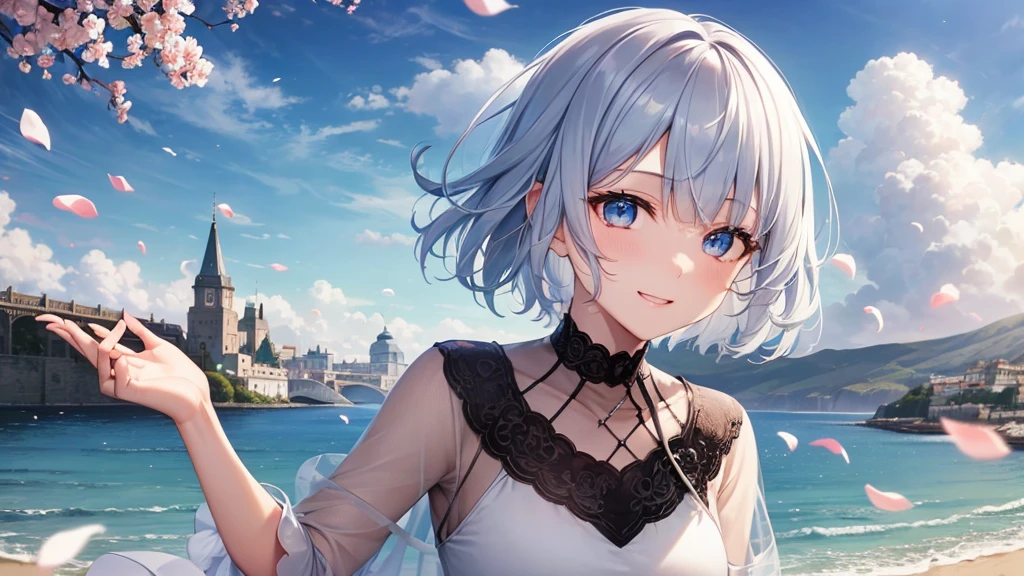 Ultra HD,Look at the viewers, Put your hands behind your back, With a girl, 20-year-old, 非常にShort Hair, Long bangs between the eyes, Pale blue eyes,  Very detailed,(masterpiece、Highest quality),Gray Hair、Laughter、Fantastic, Silver Hair, Iris,  Short hair、 Fluttering Hair、Small Face、明るいsmile、(Detailed face) ,Professional Lighting,Wonderful landscape,blue sky, sunlight,Looking down from above,Portraiture、Open your mouth、Flower Field、Her eyes were shining、Mysterious and enchanting atmosphere。With AI Painting、とてもShort Hair, Long bangs between the eyes, Very detailed,(masterpiece、Highest quality)、alone、Gray Hair、Fantasy, Silver Hair, Fantasyな風景、White shirt、smile、Open your mouth、short hair、Short Hair、hairpin、black eye、Grey Eyes、Beautiful Eyes、