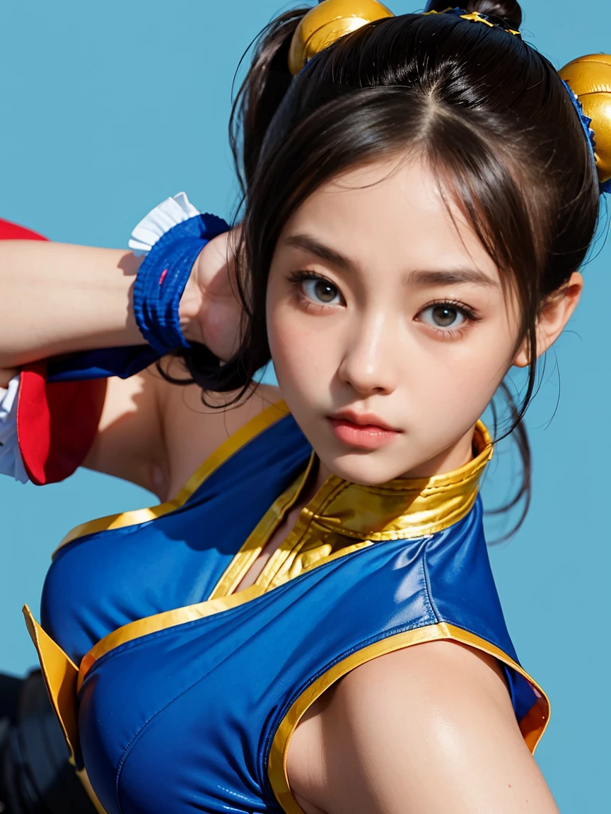 Chun-Li from Street Fighter。Two buns hair。Blue Kung Fu Vest。
