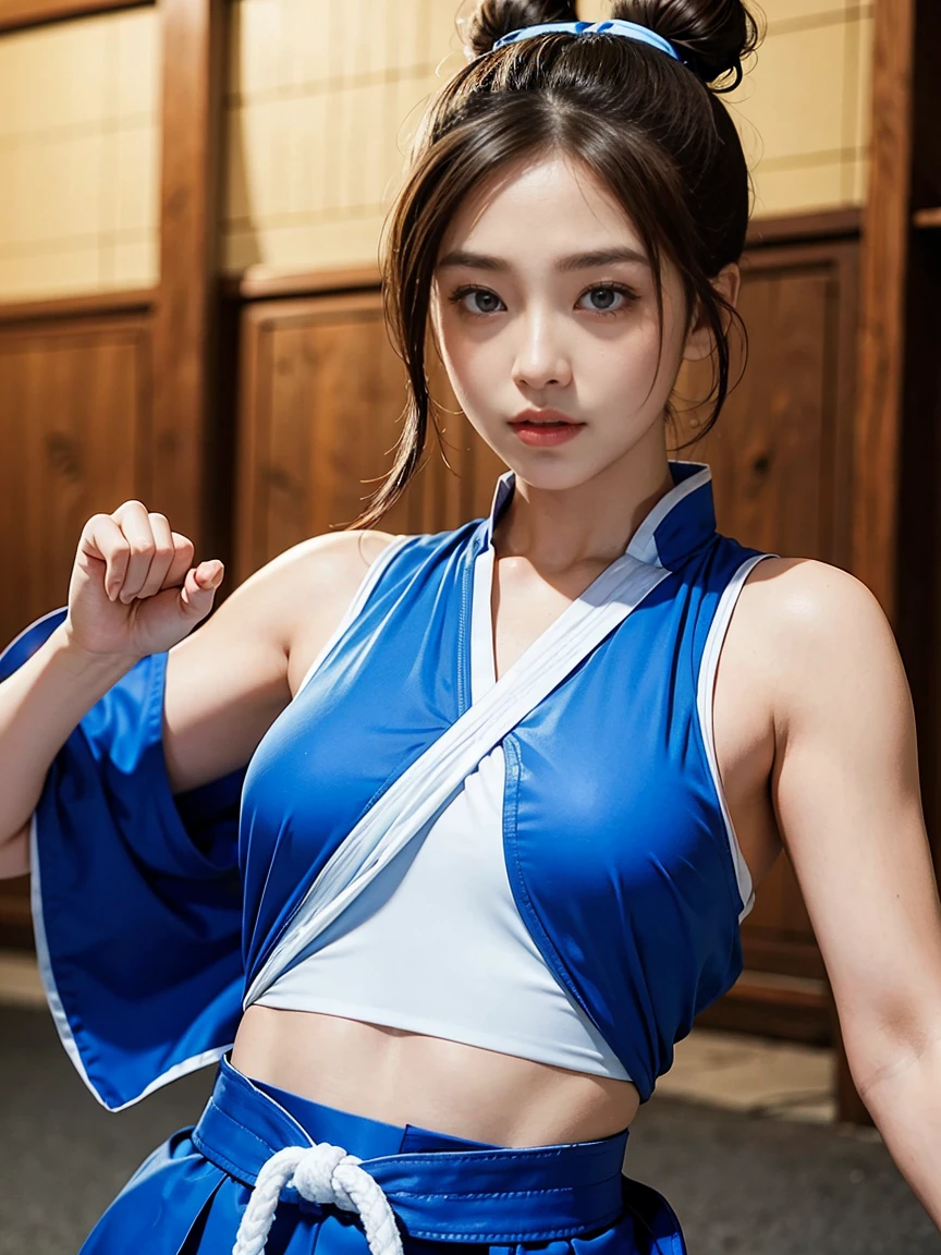 Chun-Li from Street Fighter。Two buns hair。Blue Kung Fu Vest。