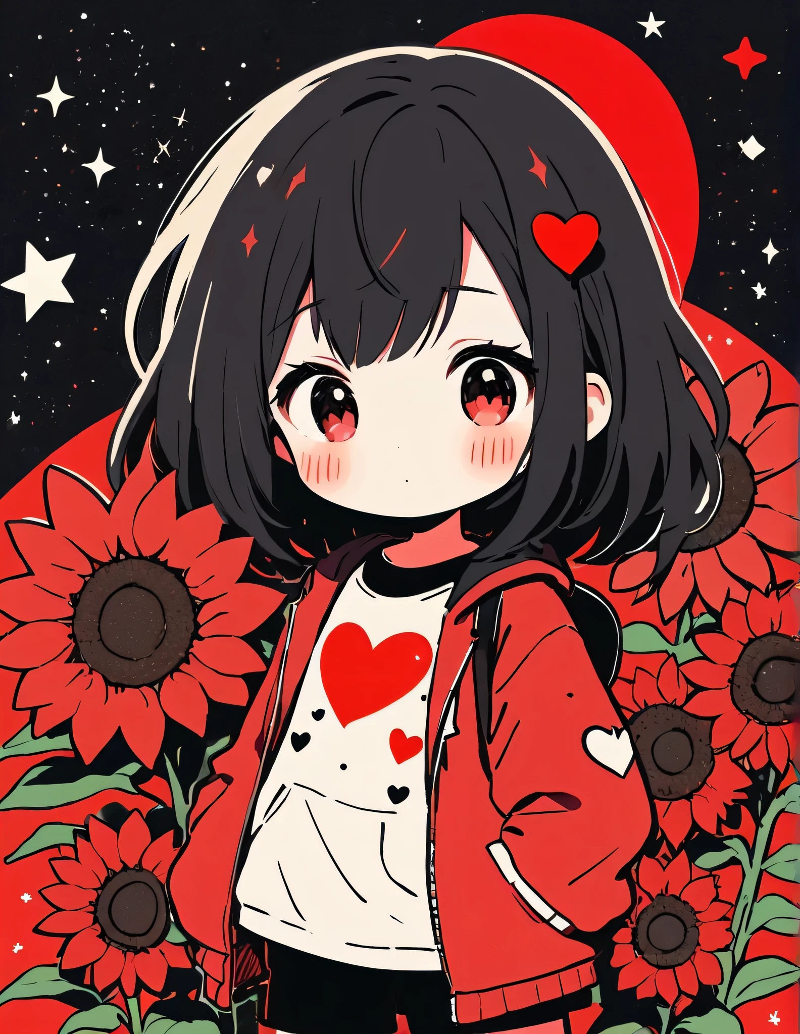 Black Star Red and White style, Simple Line Initialism,Abstract art,Kawaii Design, The most beautiful girl of all time、chibi, The background is star dust, colorful hearts, sunflowers,