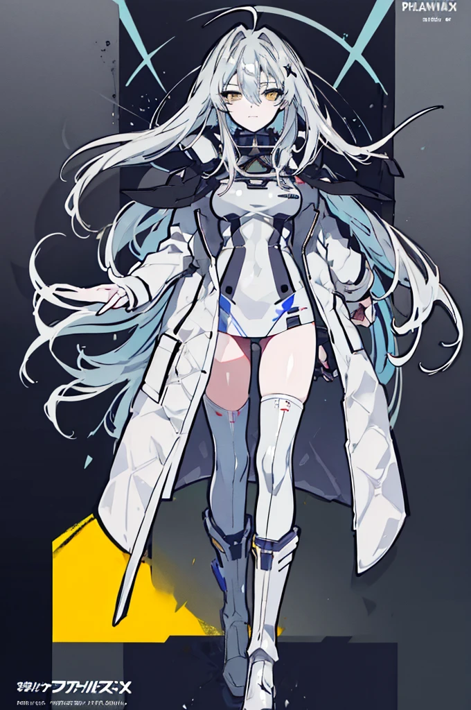 ((Pixiv)),(masterpiece_portrait),(Color Field),(Cyberpunk),(Full Metal Panic),(10s-anime-aesthetic),( 1 girl), light smile, curvy, medium breasts, sharp face, spiked_hair, two-tone hair,gray hair, hair between eyes, very_long_hair, half closed eyes, yellow eyes, Closed mouth, reaching out, cowboy shot, Standing, Clenched_hand, Black leotard, Over-kneehighs, White Overcoat, capelet, high_heel_boots