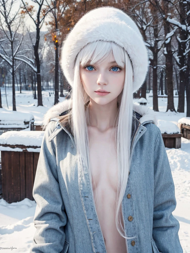 (best quality), 1girl, female, pale skin, white hair, long hair, swept bangs, straight hair, blue eyes, perfect eyes, slender, flat chest, pure, shy, ushanka hat, winter coat, fully clothed, masterpiece, anatomically correct, highres
